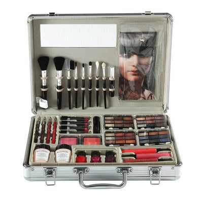 Professional makeup kit with brushes, lipsticks, eyeshadows in silver case
