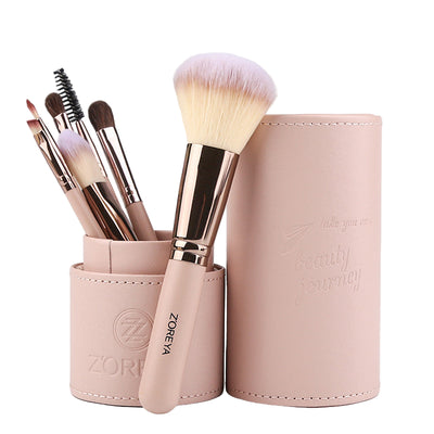 Zoreya 7-piece makeup brush set in pink leather travel case with synthetic bristles