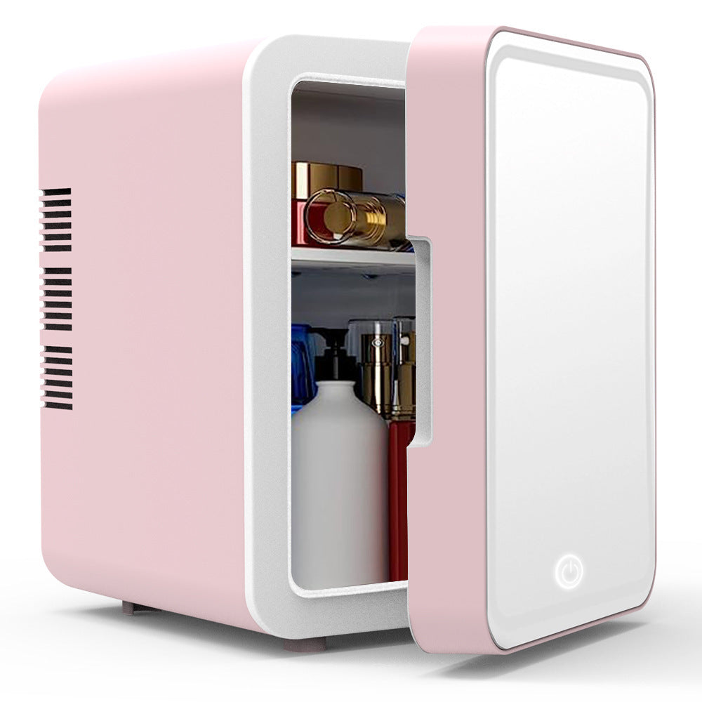 Mini skincare fridge with LED mirror for storing beauty and skincare products

